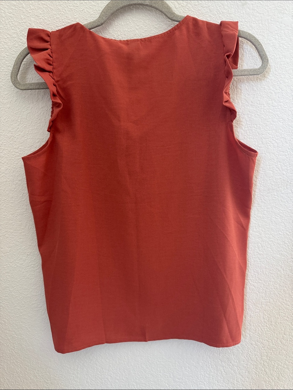 SHEIN Rust Red Button-Front Ruffle Sleeve V-Neck Top - Picture 3 of 3
